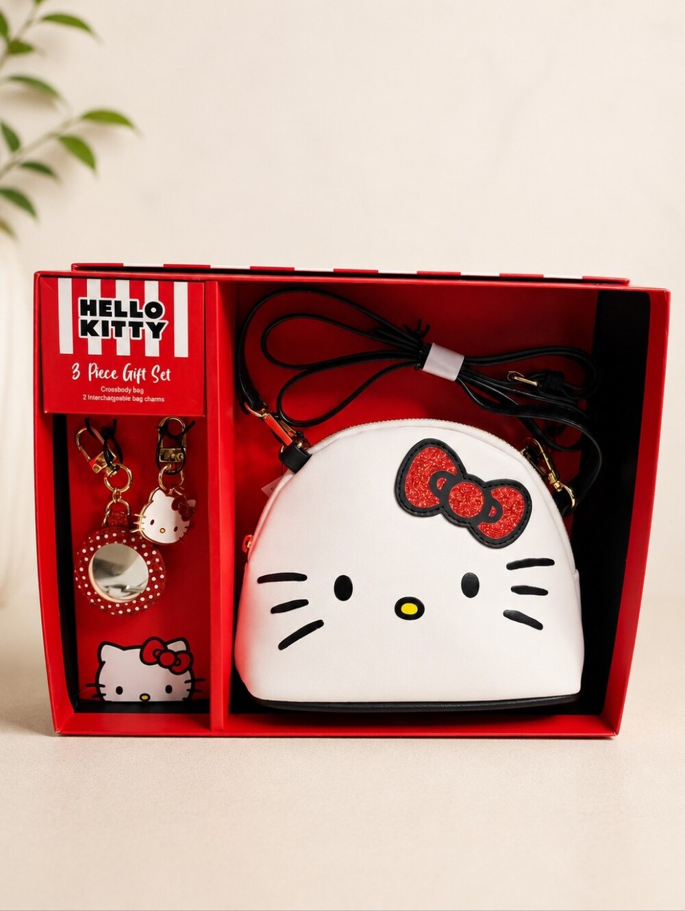Hello Kitty Sanrio 3 Piece Crossbody Bag Gift Set 2 Charms NIB White Red